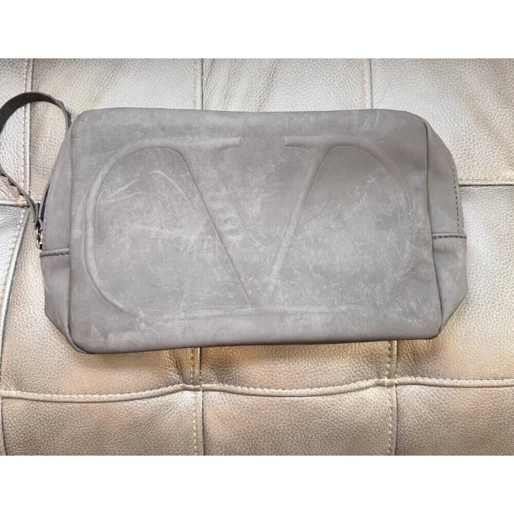 Valentino V Logo Cosmetic Bag Black Rubber Zip Pouch Travel Toiletry Case